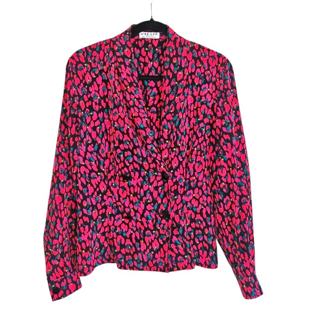 Vintage Jaeger Black/Red/Pink Double Breasted Long Sleeve Blouse Size 8/10